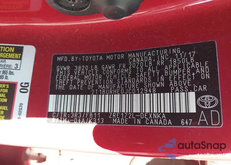 2018 Toyota Corolla Le из США, поврежденный, VIN 2T1BURHE0JC012948